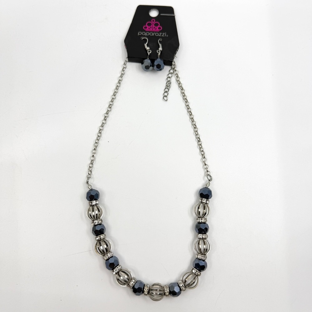 Paparazzi Blue Faceted Bead Statement Necklace and Matching Drop Earrings Set